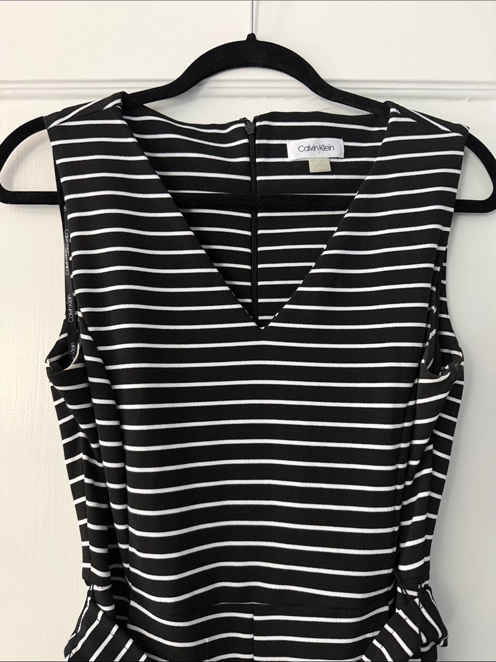 Calvin Klein Black & White Striped Sleeveless ankle Jumpsuit with Tie Waist - Picture 2 of 6